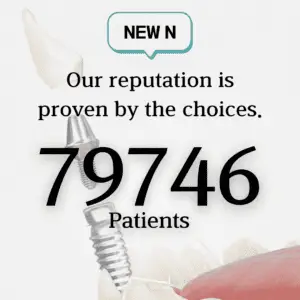 Image with dental implants and text 'Our reputation is proven by the choices. 79746 Patients.