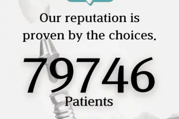 Image with dental implants and text 'Our reputation is proven by the choices. 79746 Patients.