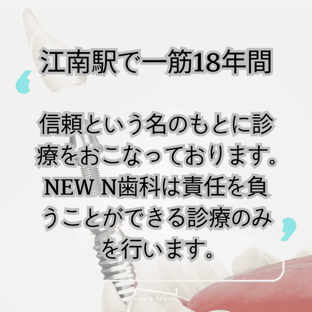 画像の説明: 「江南駅で一筋18年間 信頼という名のもとに診療をおこなっております。NEW N歯科は責任を負うことができる診療のみを行います。」と書かれたテキストが、歯科治療に関連する画像の上に表示されています。