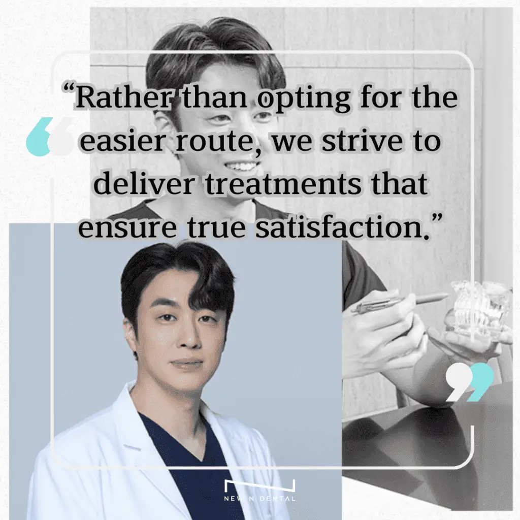 Smiling dentist with a quote: 'Rather than opting for the easier route, we strive to deliver treatments that ensure true satisfaction.'