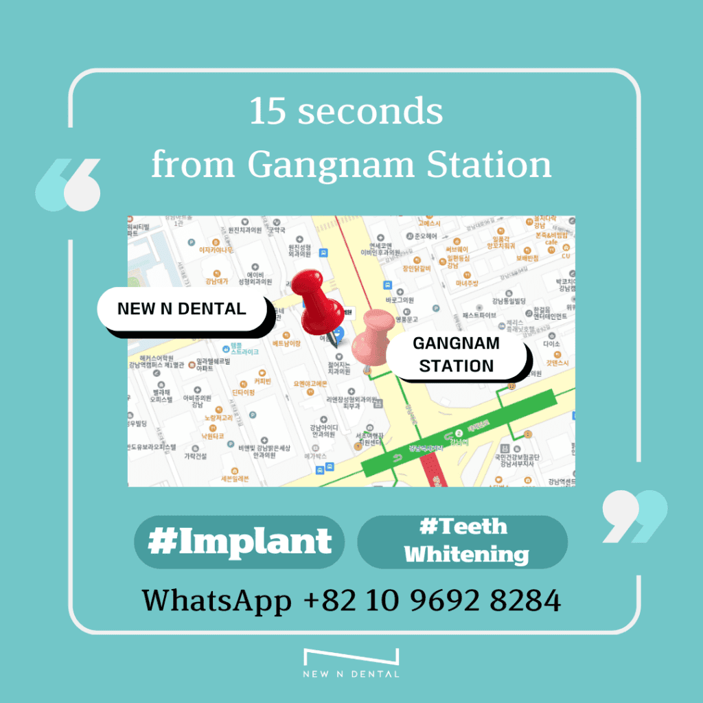 Image showing a promotional poster for 'NEW N DENTAL.' The top text reads "15 seconds from Gangnam Station," with a map depicting the dental clinic's proximity to the station. Hashtags displayed are "#Implant" and "#Teeth Whitening." Contact information at the bottom includes "WhatsApp +82 10 9692 8284."