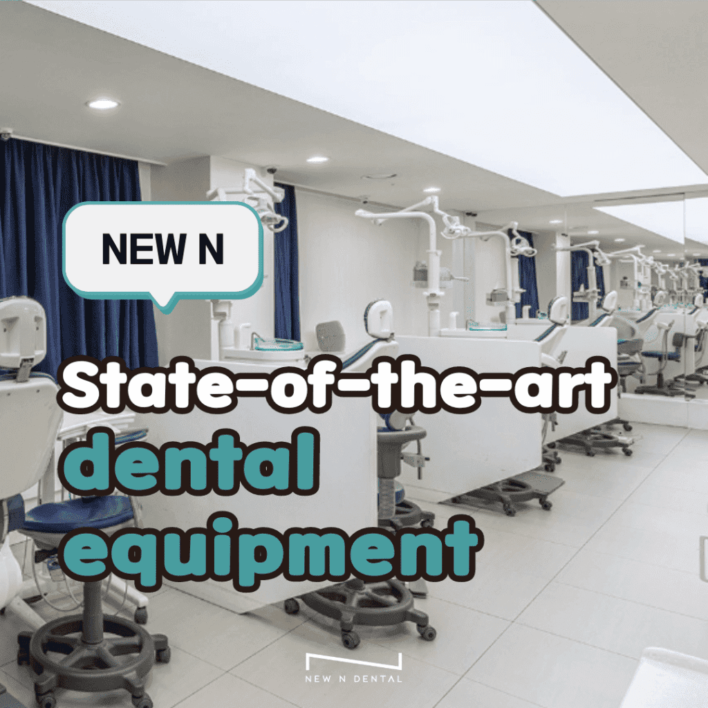 Modern dental clinic with state-of-the-art equipment and the text 'State-of-the-art dental equipment' overlayed. A speech bubble with 'NEW N' is also present.