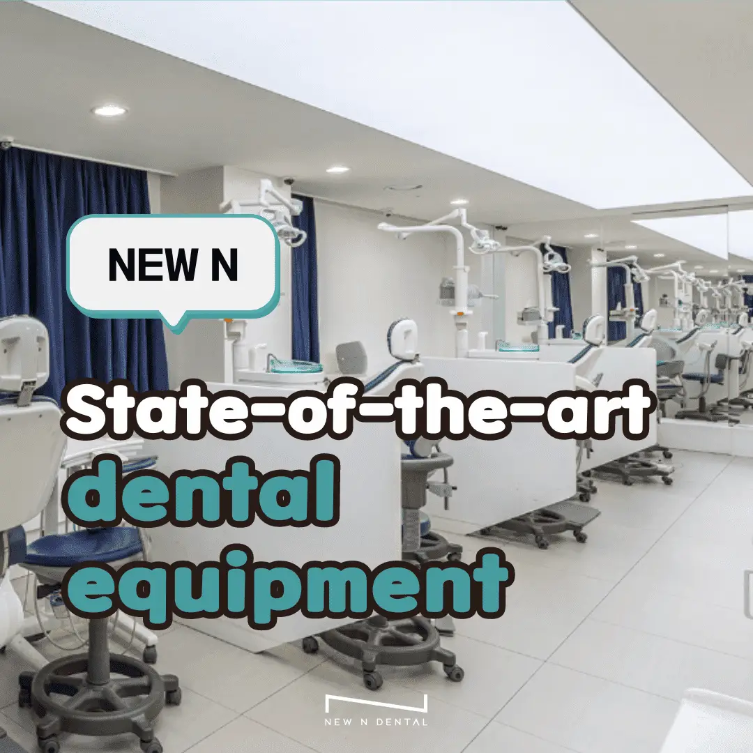 Modern dental clinic with state-of-the-art equipment and the text 'State-of-the-art dental equipment' overlayed. A speech bubble with 'NEW N' is also present.