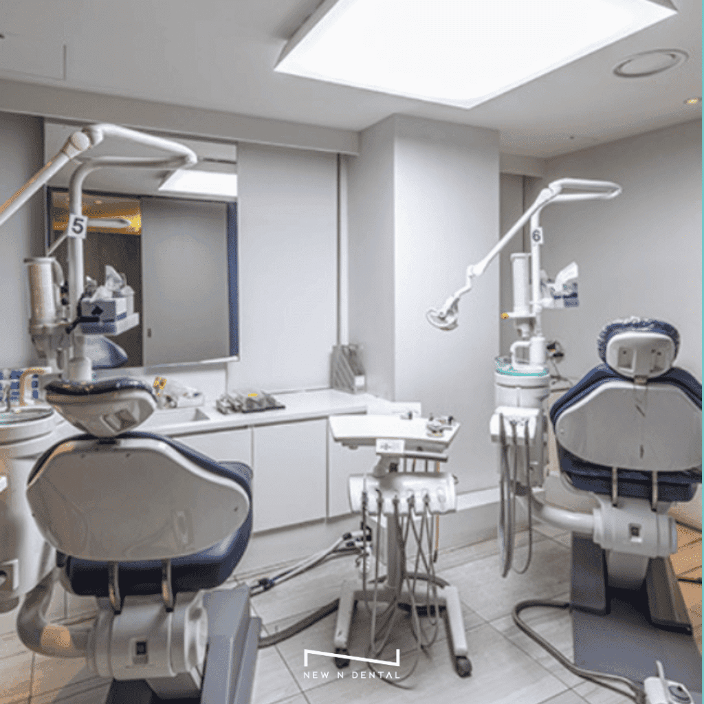 Modern dental office with two dental chairs and equipment.