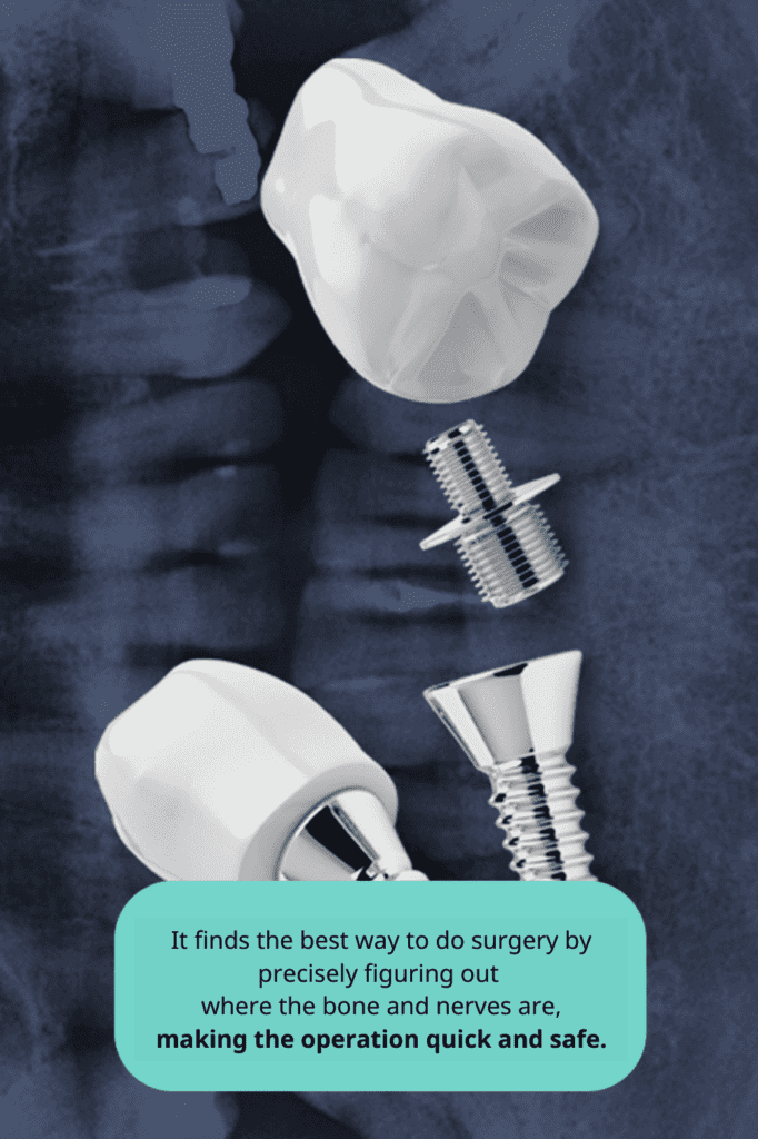 X-ray image showing dental implants and screws for safe and precise surgical operations • KOREA NEW N DENTAL CLINIC