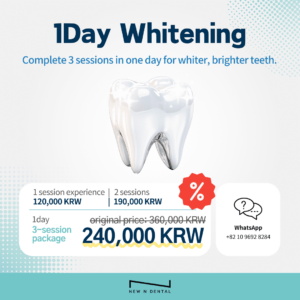 1Day Whitening" event promotion image. A white tooth icon is featured in the center with the text "Complete 3 sessions in one day for whiter, brighter teeth" at the top. The prices are listed as 120,000 KRW for 1 session, 190,000 KRW for 2 sessions, and a special discount for the 3-session package from 360,000 KRW to 240,000 KRW. The New N Dental logo and contact information for booking are displayed at the bottom. • KOREA NEW N DENTAL CLINIC