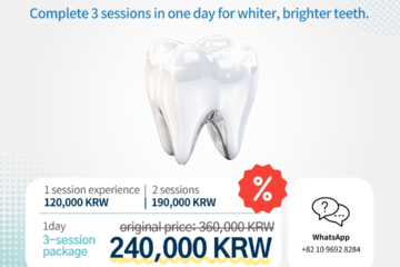 1Day Whitening" event promotion image. A white tooth icon is featured in the center with the text "Complete 3 sessions in one day for whiter, brighter teeth" at the top. The prices are listed as 120,000 KRW for 1 session, 190,000 KRW for 2 sessions, and a special discount for the 3-session package from 360,000 KRW to 240,000 KRW. The New N Dental logo and contact information for booking are displayed at the bottom.