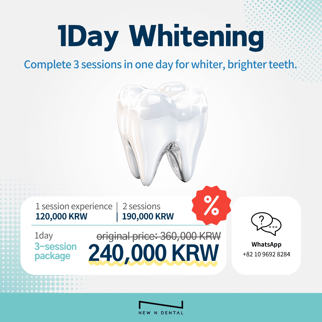 1Day Whitening" event promotion image. A white tooth icon is featured in the center with the text "Complete 3 sessions in one day for whiter, brighter teeth" at the top. The prices are listed as 120,000 KRW for 1 session, 190,000 KRW for 2 sessions, and a special discount for the 3-session package from 360,000 KRW to 240,000 KRW. The New N Dental logo and contact information for booking are displayed at the bottom.