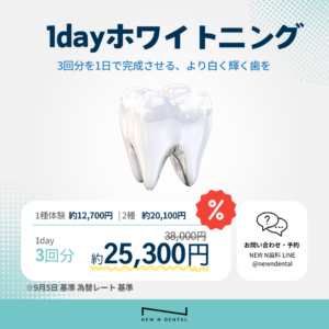 1dayホワイトニングのプロモーション画像。1dayホワイトニングで3回分の施術が約25,300円で提供されることを強調。1回で最大3回分の施術が受けられ、より白く輝く笑顔を手に入れるというメッセージが含まれている。画像の下部には、このイベントの特別価格に関する情報が記載されている。 • KOREA NEW N DENTAL CLINIC