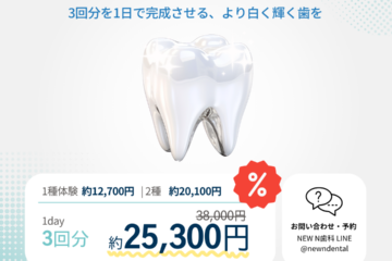 1dayホワイトニングのプロモーション画像。1dayホワイトニングで3回分の施術が約25,300円で提供されることを強調。1回で最大3回分の施術が受けられ、より白く輝く笑顔を手に入れるというメッセージが含まれている。画像の下部には、このイベントの特別価格に関する情報が記載されている。