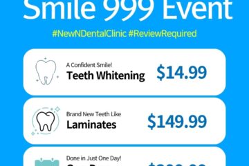Affordable Korea dental clinic event poster offering Teeth Whitening for $14.99, Laminates for $149.99, and One-Day Laminates for $299.99 at New N Dental. Ideal for foreigners seeking cosmetic dental care in Korea. • KOREA NEW N DENTAL CLINIC