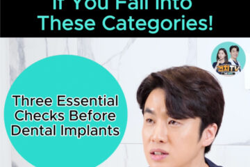 Poster-style image warning to avoid dental implants; turquoise circle reads 'Three Essential Checks Before Dental Implants' with a man in a clinic setting in the background. • KOREA NEW N DENTAL CLINIC